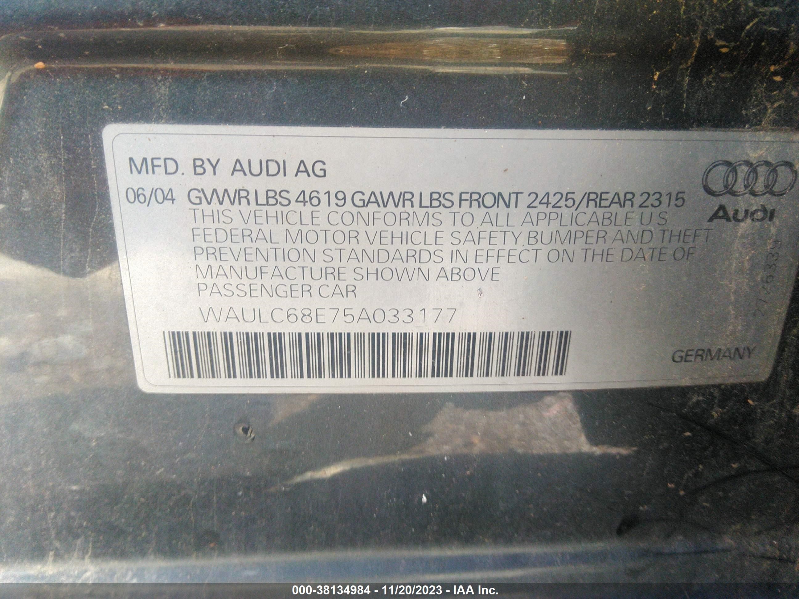 Photo 8 VIN: WAULC68E75A033177 - AUDI A4 