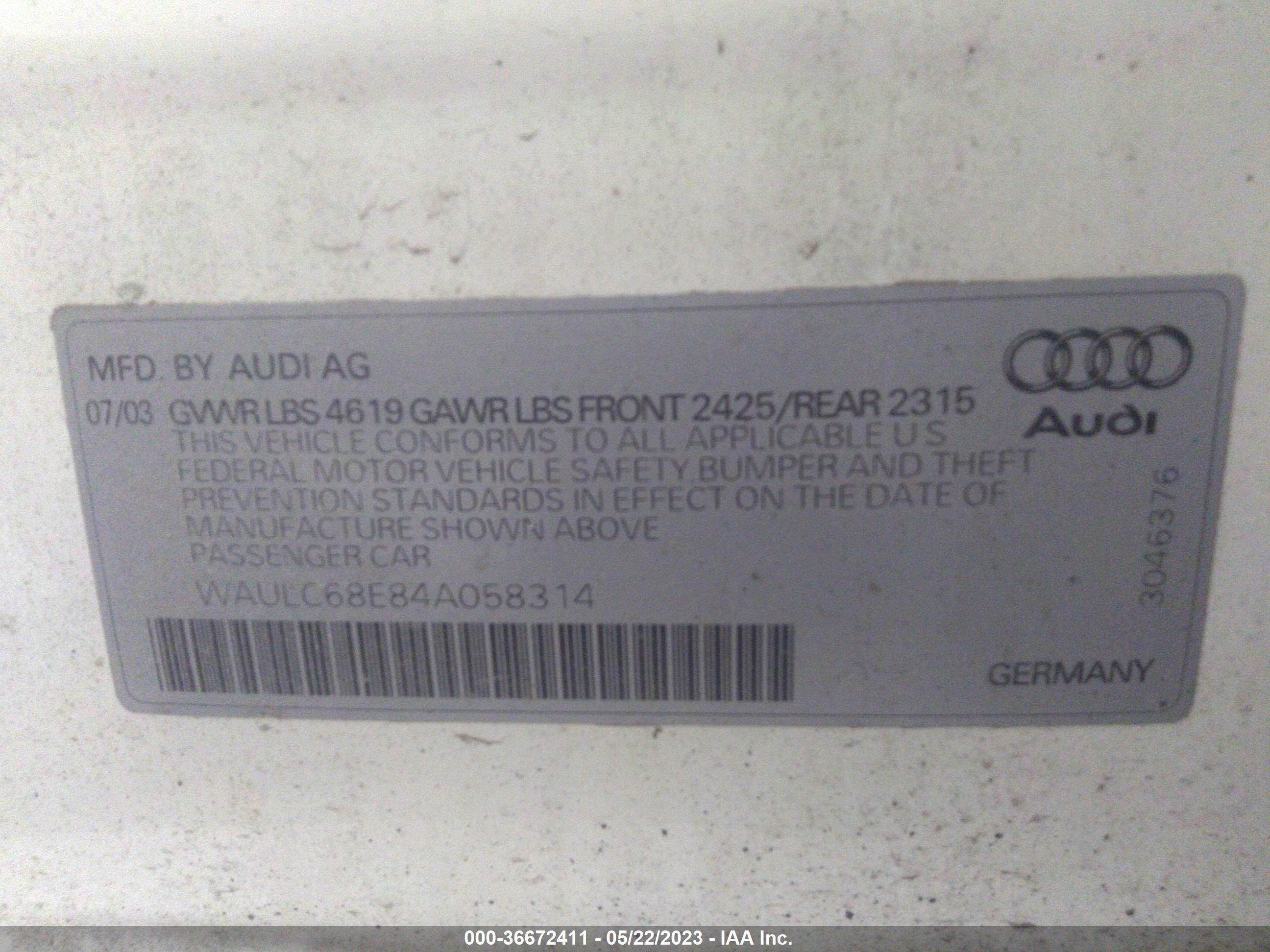 Photo 8 VIN: WAULC68E84A058314 - AUDI A4 