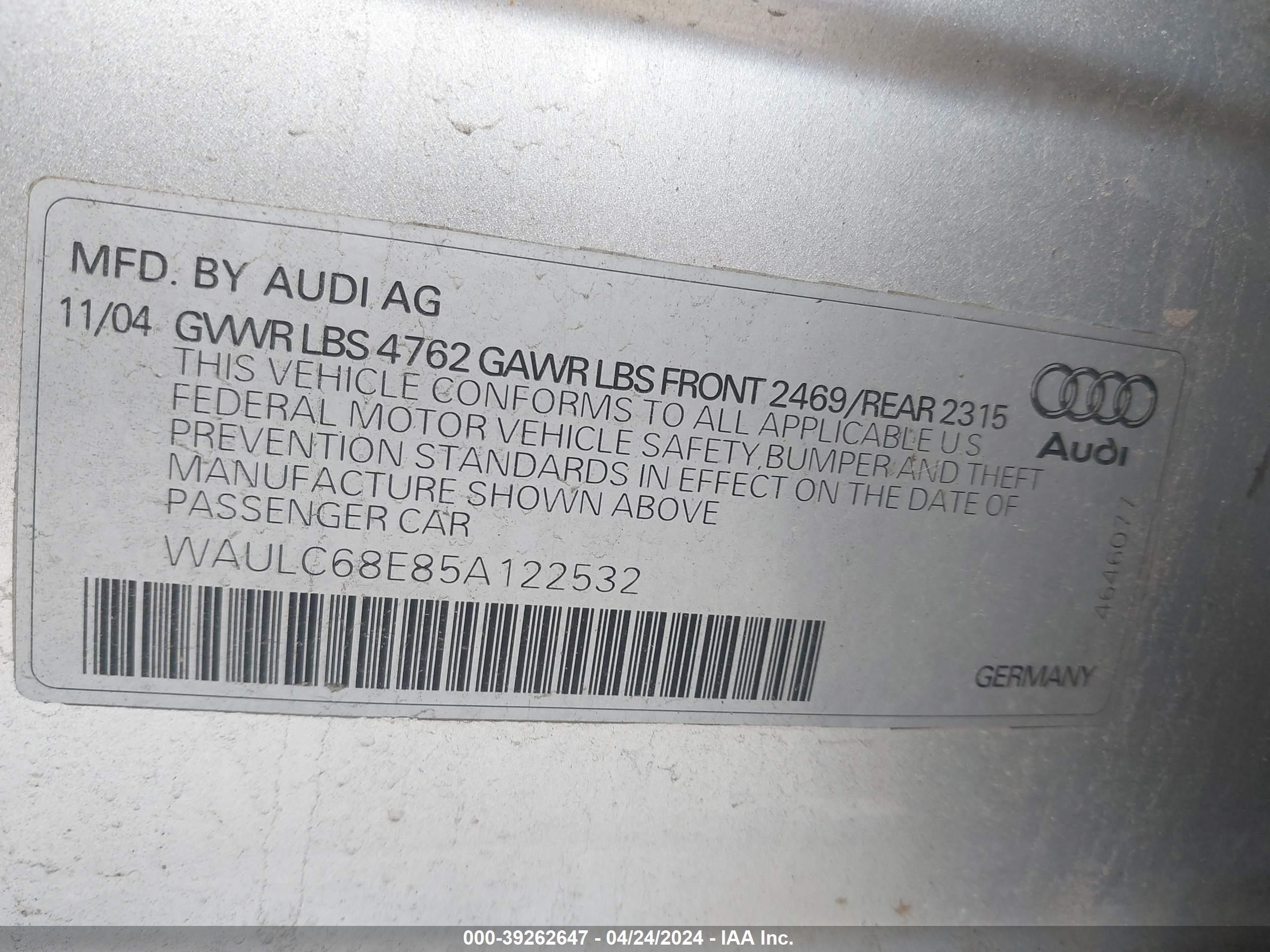 Photo 8 VIN: WAULC68E85A122532 - AUDI A4 