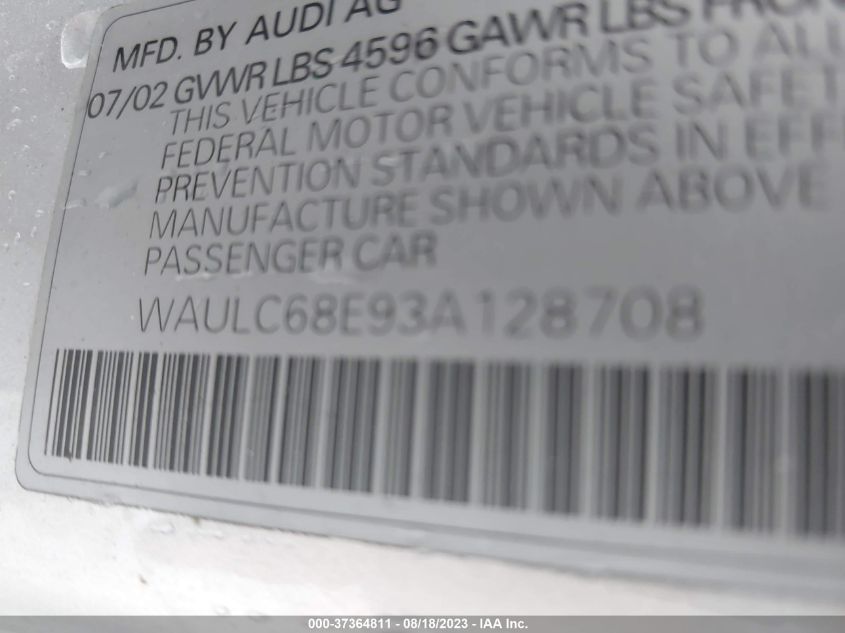 Photo 8 VIN: WAULC68E93A128708 - AUDI A4 