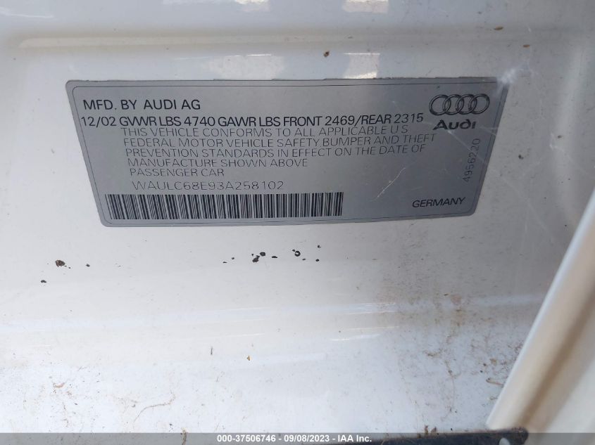 Photo 8 VIN: WAULC68E93A258102 - AUDI A4 