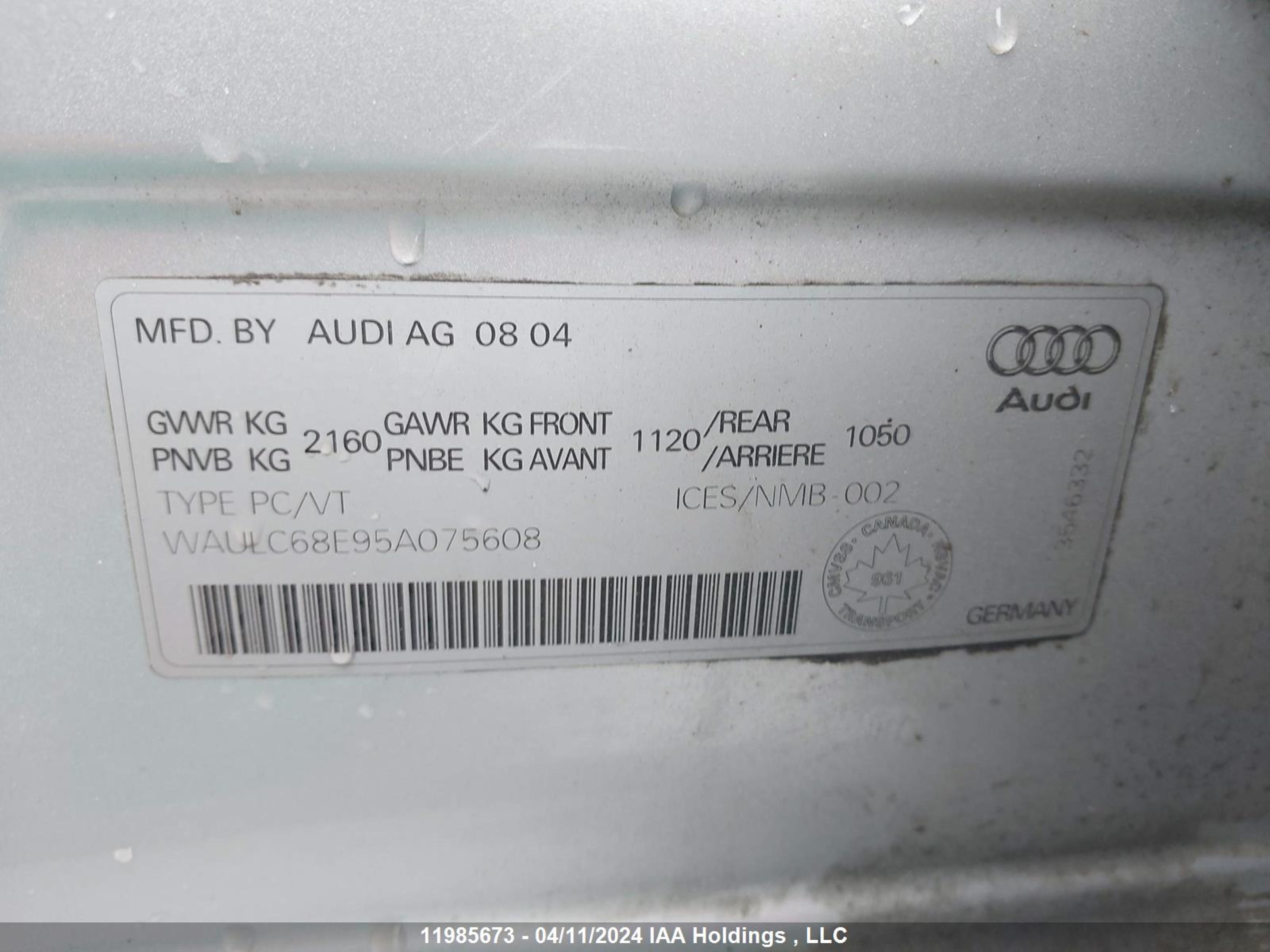 Photo 8 VIN: WAULC68E95A075608 - AUDI A4 