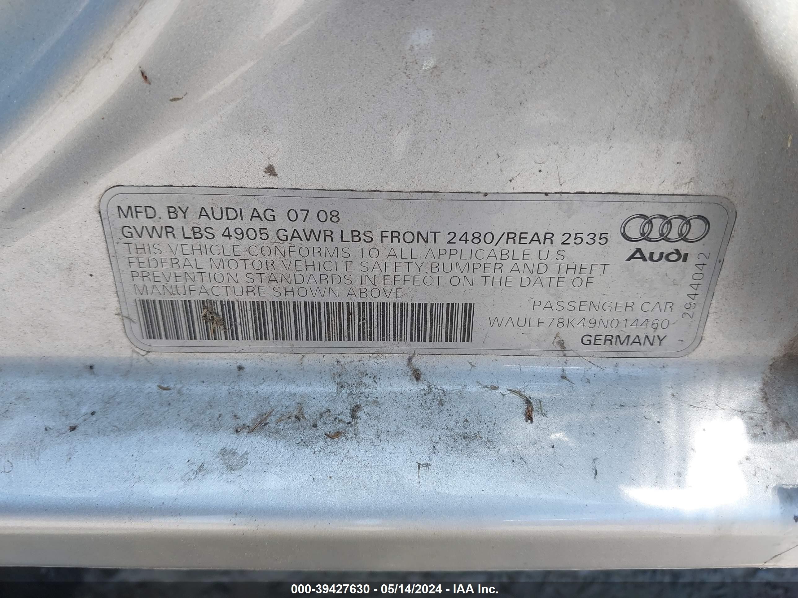 Photo 8 VIN: WAULF78K49N014460 - AUDI A4 