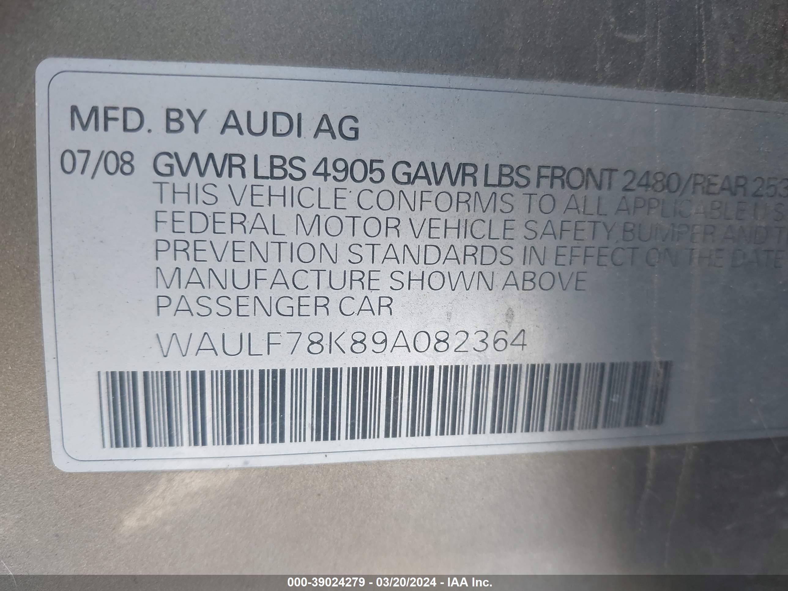 Photo 8 VIN: WAULF78K89A082364 - AUDI A4 