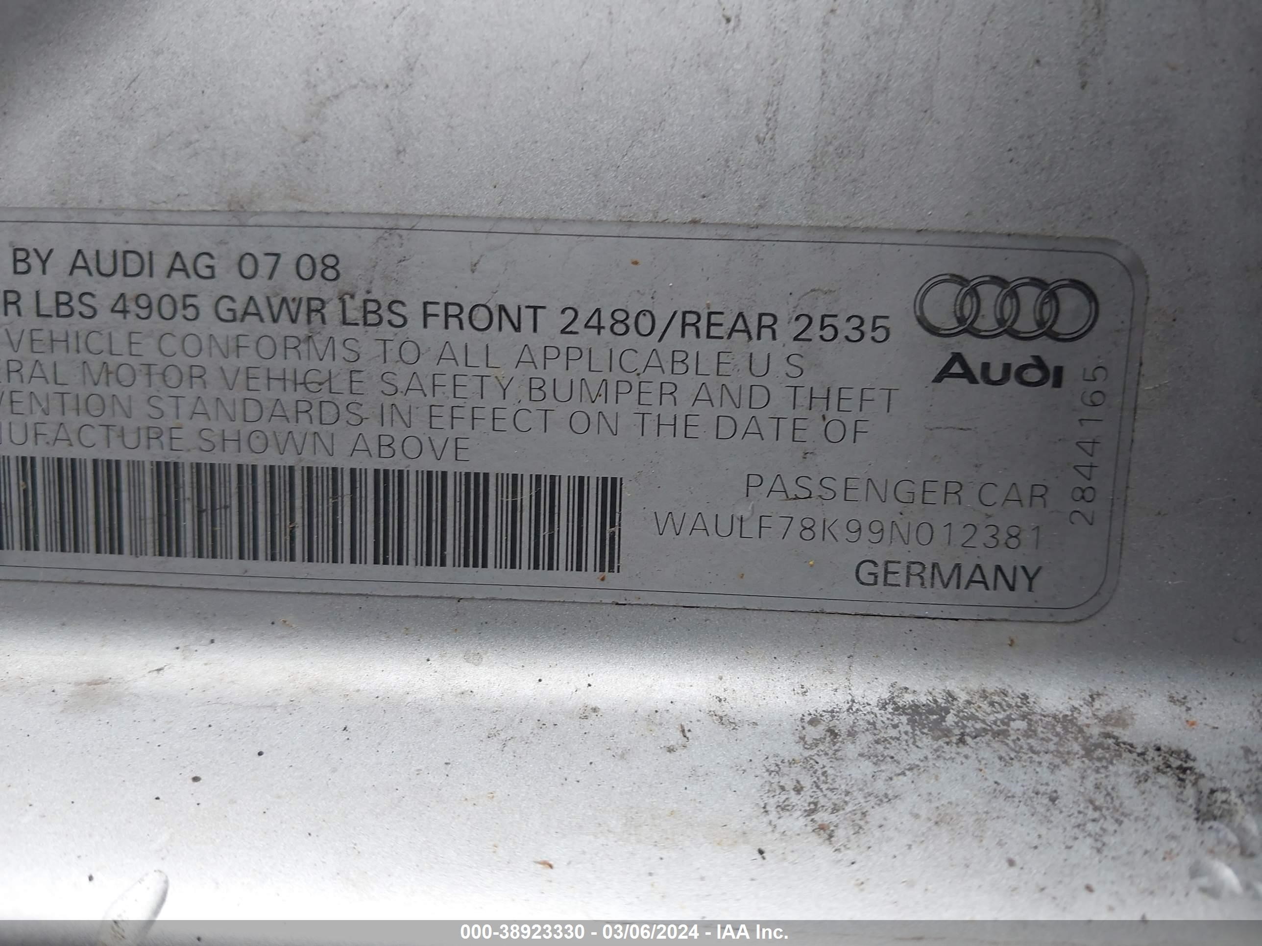 Photo 8 VIN: WAULF78K99N012381 - AUDI A4 