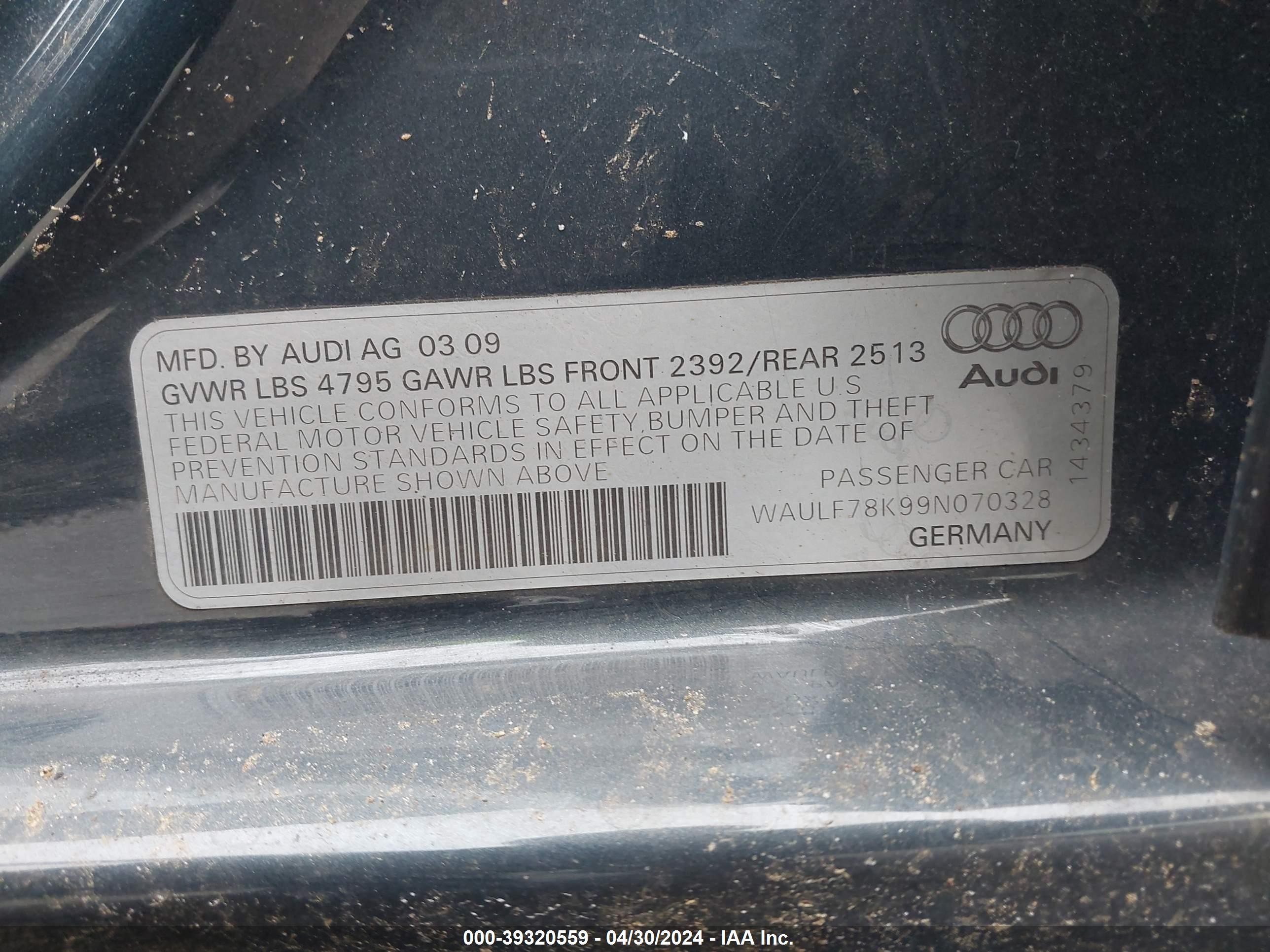 Photo 8 VIN: WAULF78K99N070328 - AUDI A4 