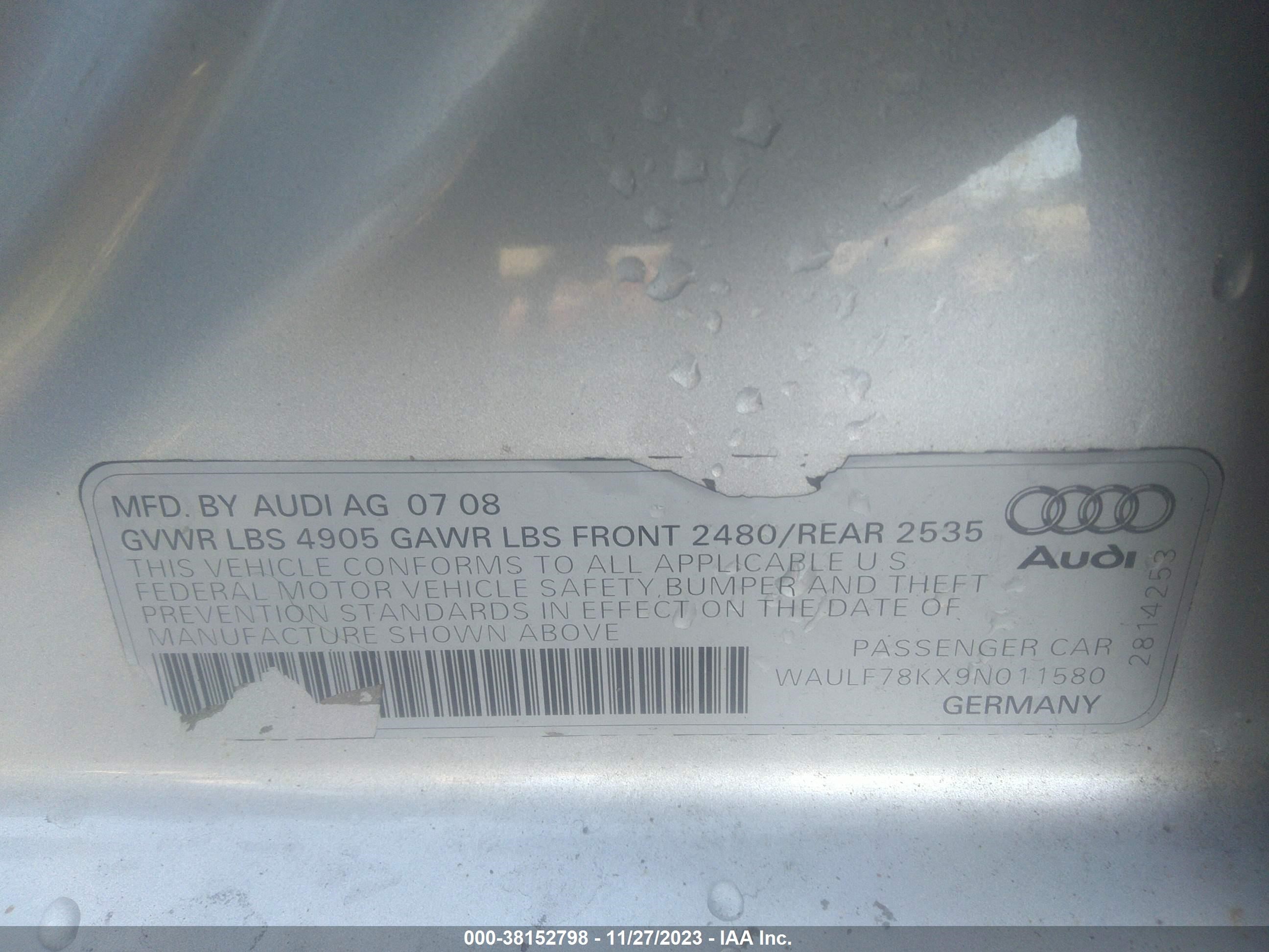 Photo 8 VIN: WAULF78KX9N011580 - AUDI A4 