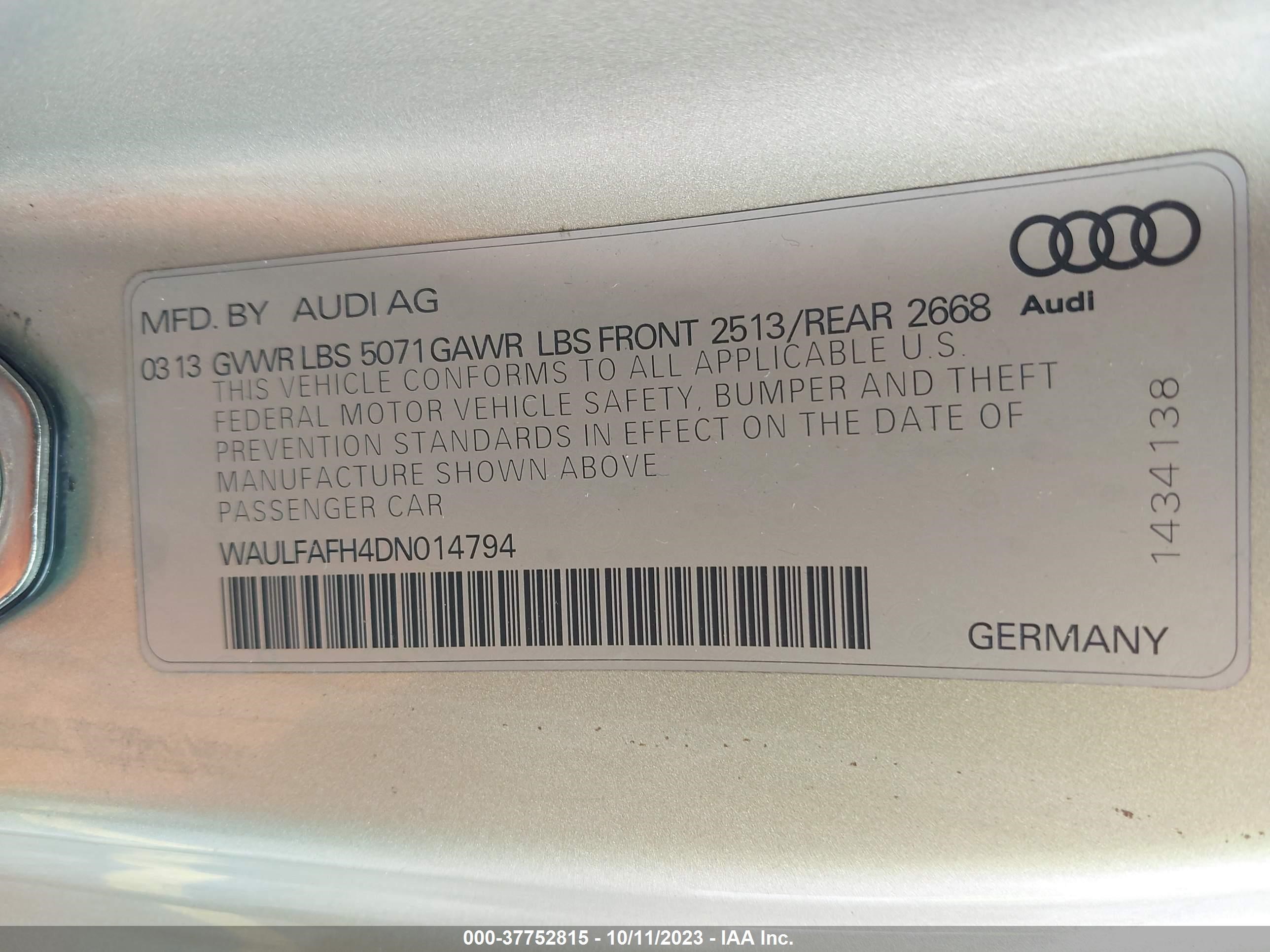 Photo 8 VIN: WAULFAFH4DN014794 - AUDI A5 