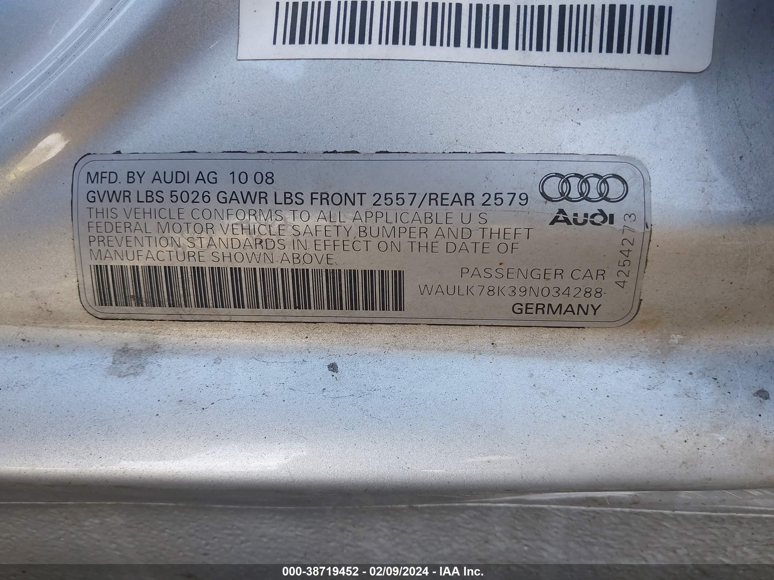 Photo 8 VIN: WAULK78K39N034288 - AUDI A4 