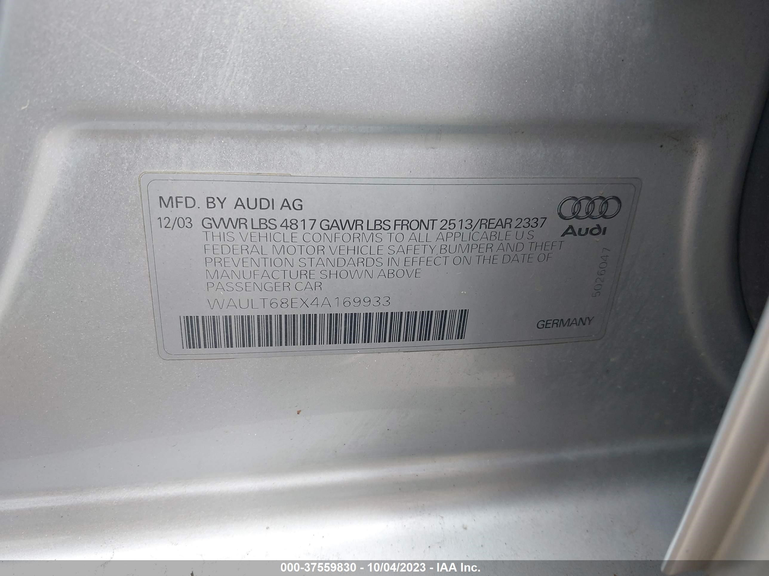 Photo 8 VIN: WAULT68EX4A169933 - AUDI A4 3.0 QUA 