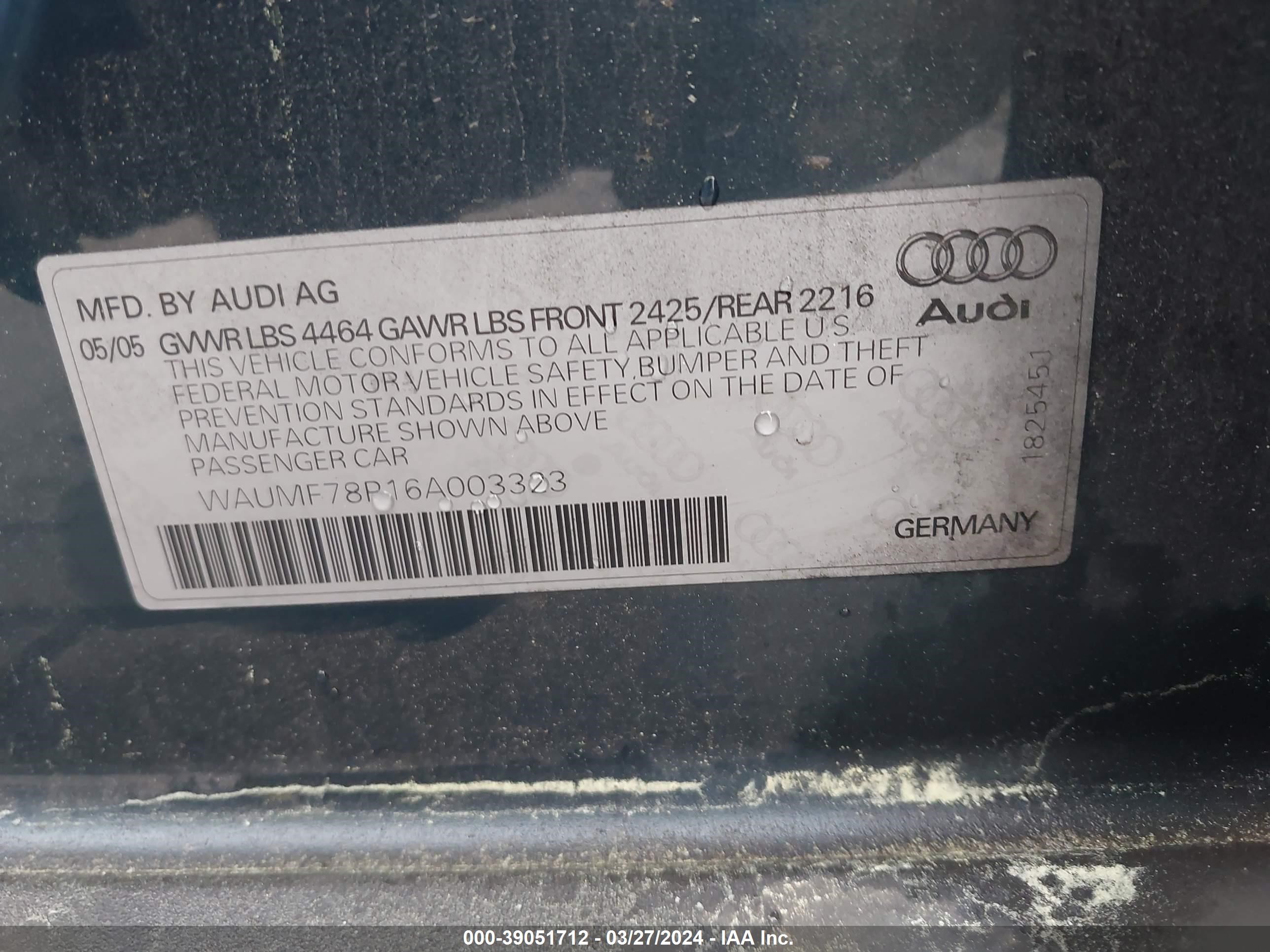 Photo 8 VIN: WAUMF78P16A003323 - AUDI A3 