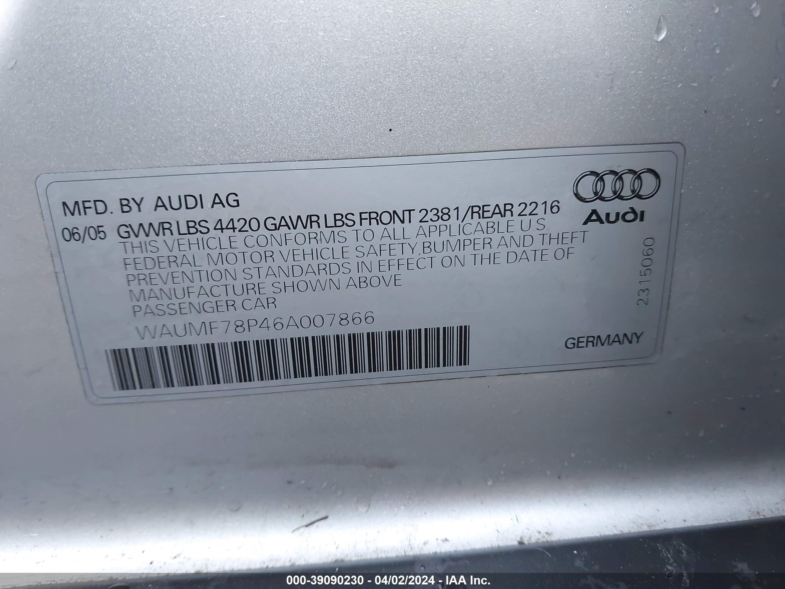 Photo 8 VIN: WAUMF78P46A007866 - AUDI A3 