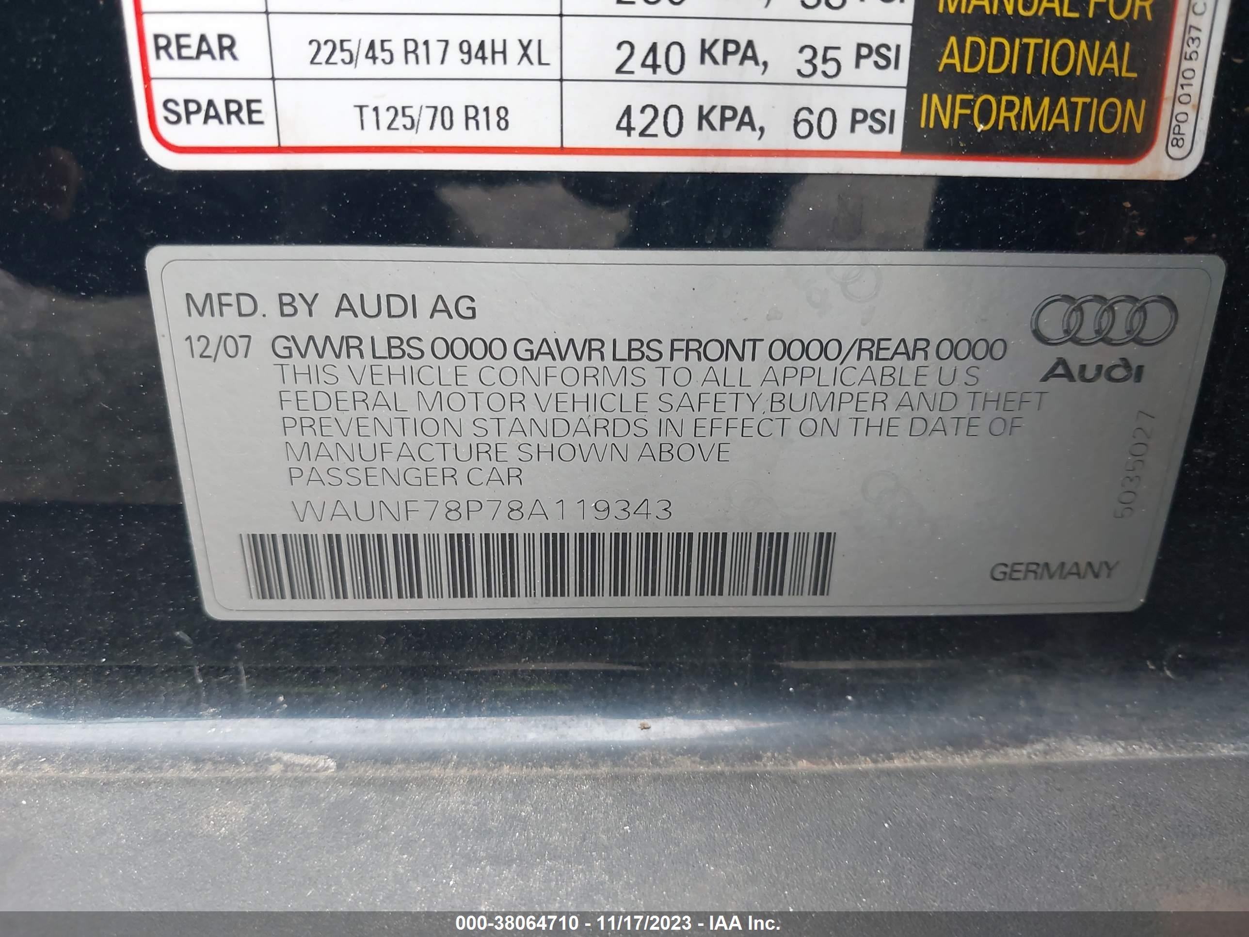 Photo 8 VIN: WAUNF78P78A119343 - AUDI A3 