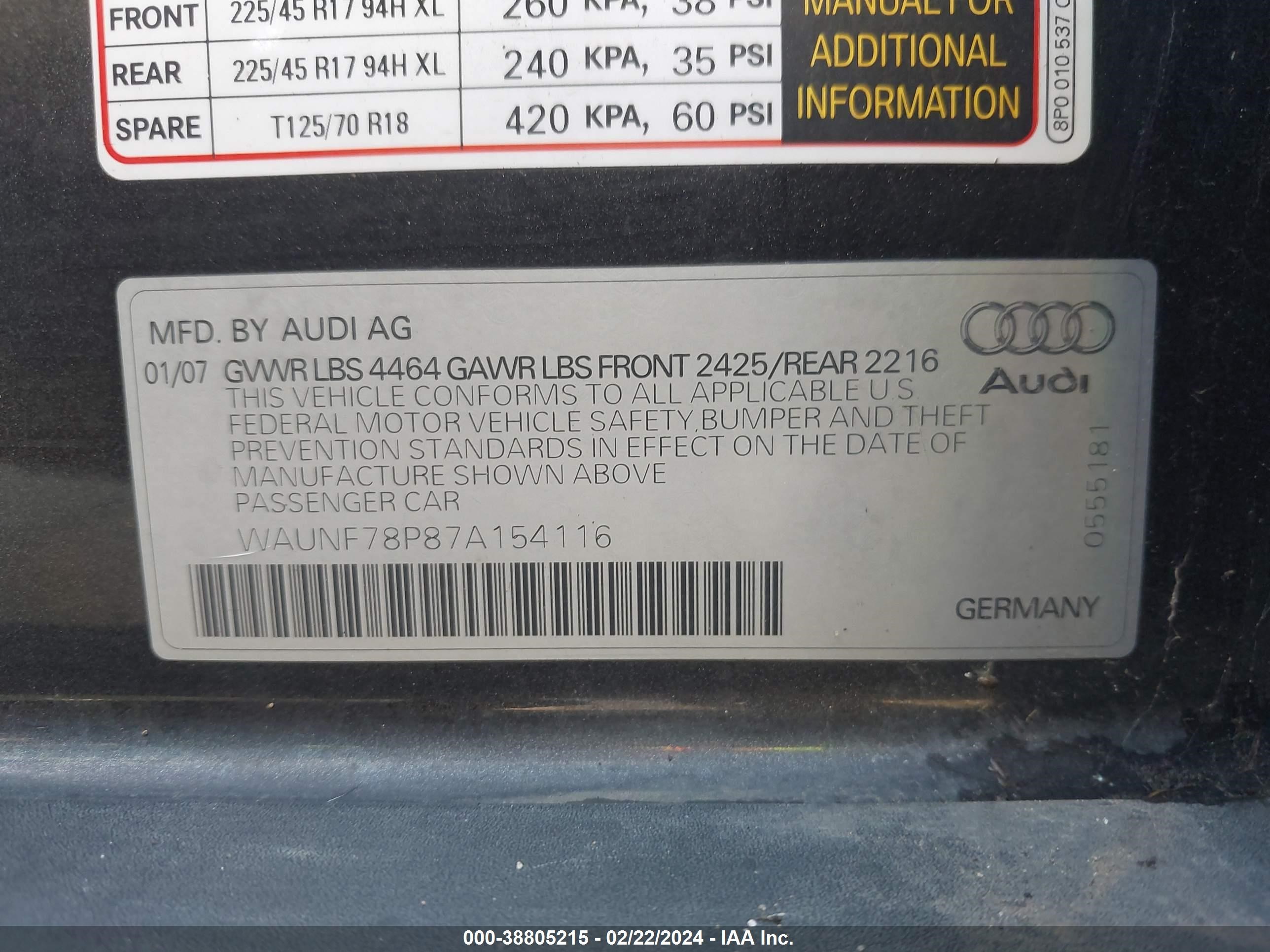 Photo 8 VIN: WAUNF78P87A154116 - AUDI A3 