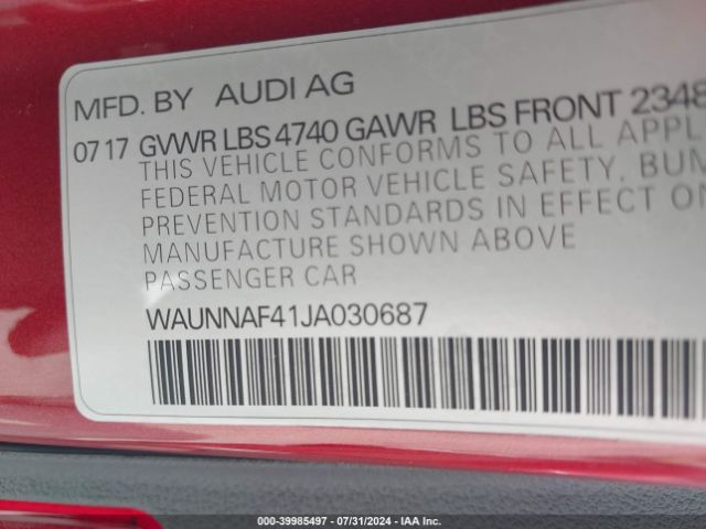 Photo 8 VIN: WAUNNAF41JA030687 - AUDI A4 