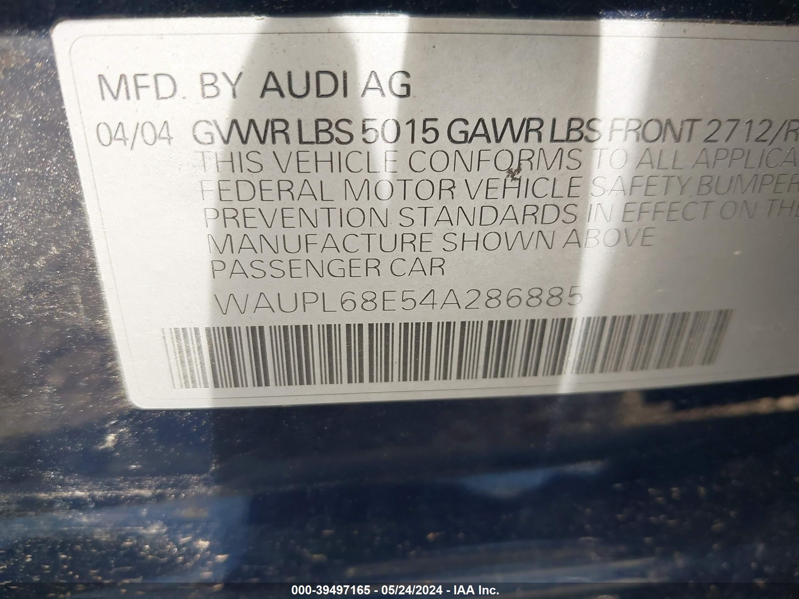 Photo 8 VIN: WAUPL68E54A286885 - AUDI S4 