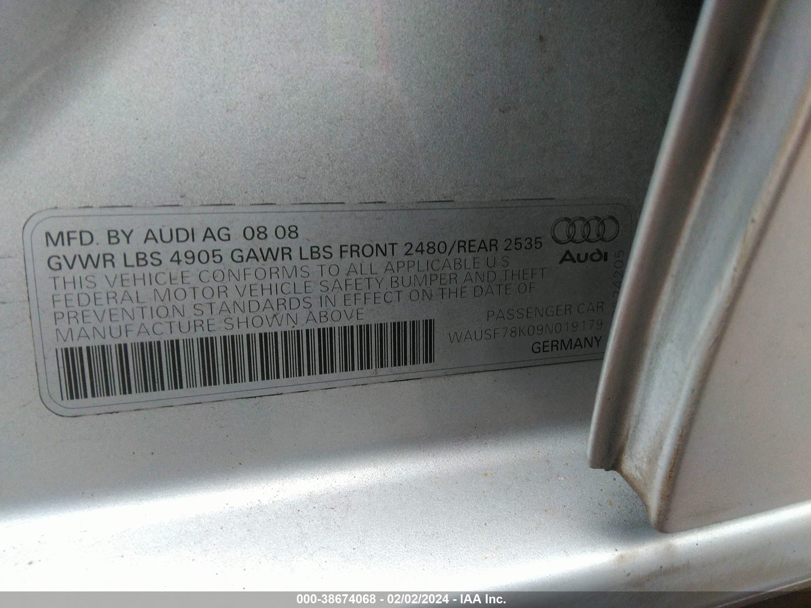 Photo 8 VIN: WAUSF78K09N019179 - AUDI A4 