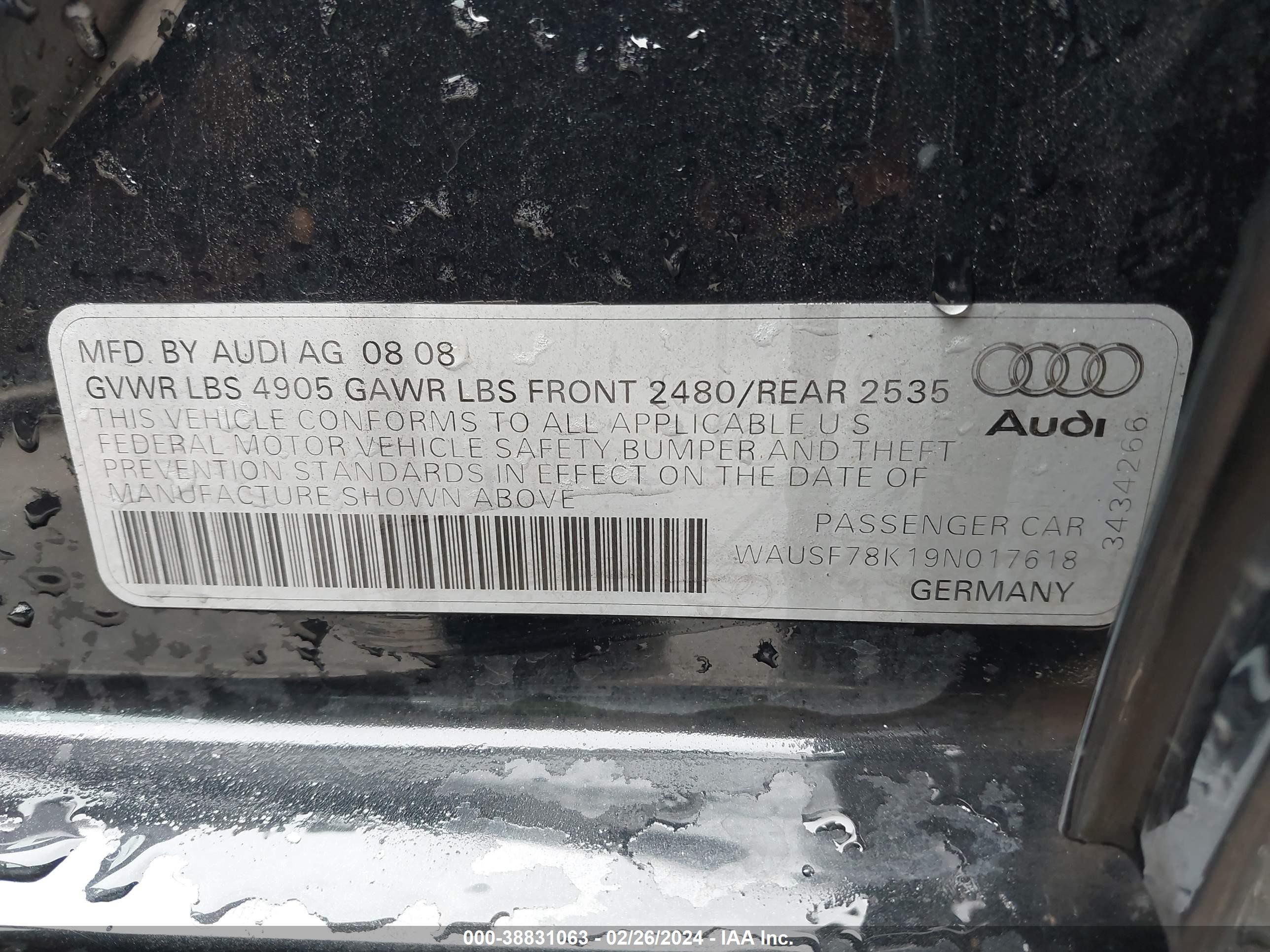 Photo 8 VIN: WAUSF78K19N017618 - AUDI A4 