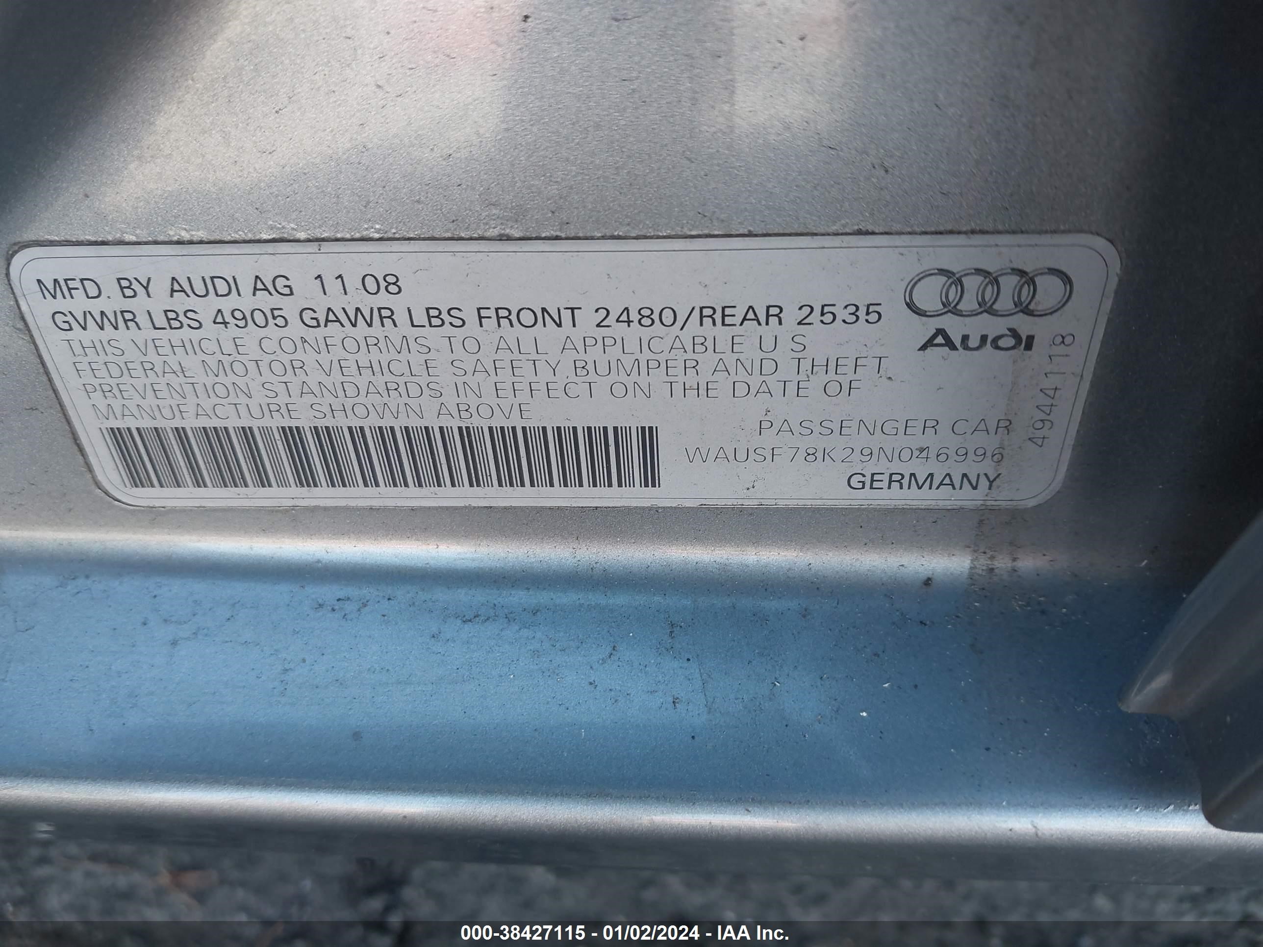 Photo 8 VIN: WAUSF78K29N046996 - AUDI A4 