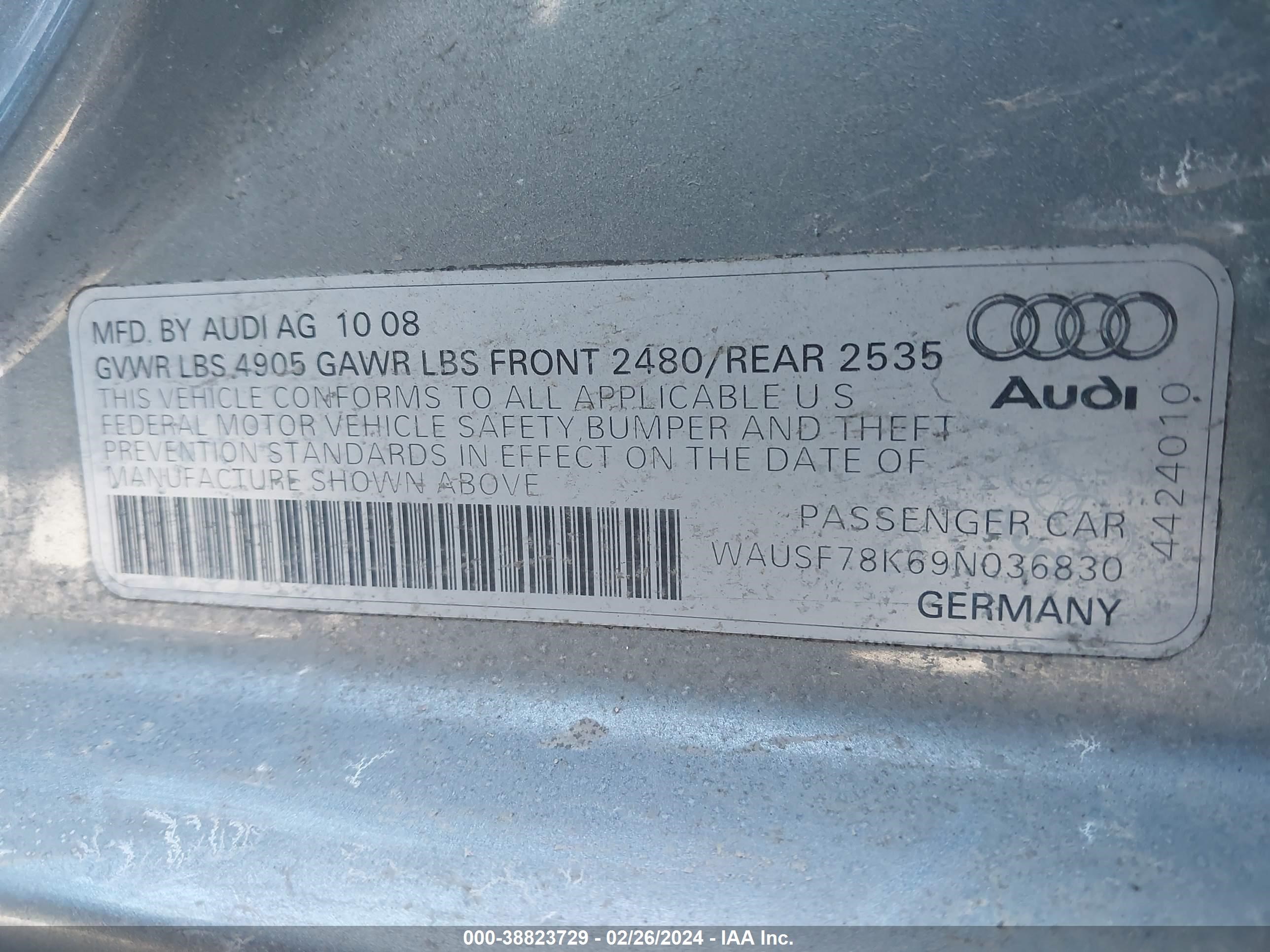 Photo 8 VIN: WAUSF78K69N036830 - AUDI A4 