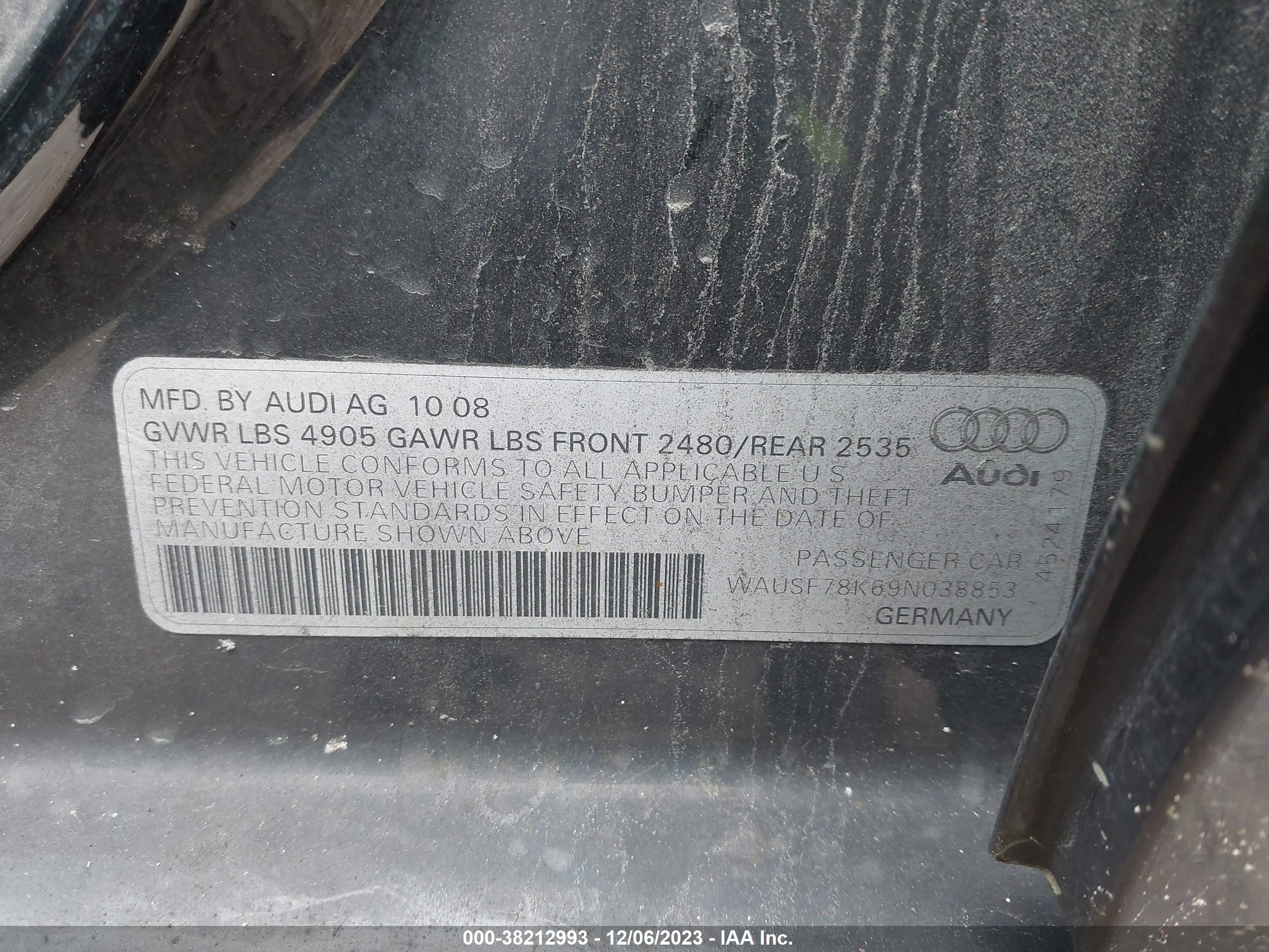 Photo 8 VIN: WAUSF78K69N038853 - AUDI A4 