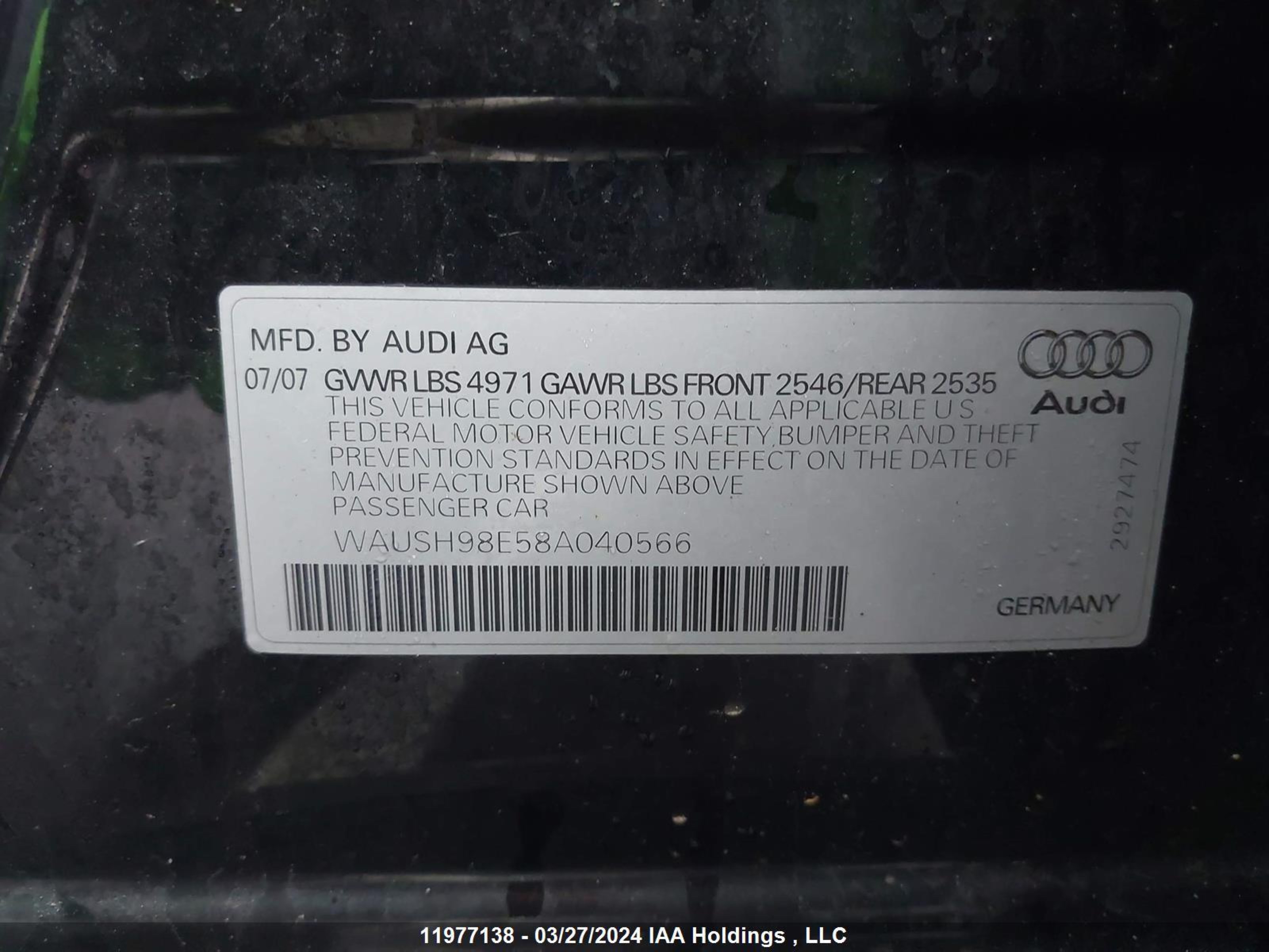 Photo 8 VIN: WAUSH98E58A040566 - AUDI A4 