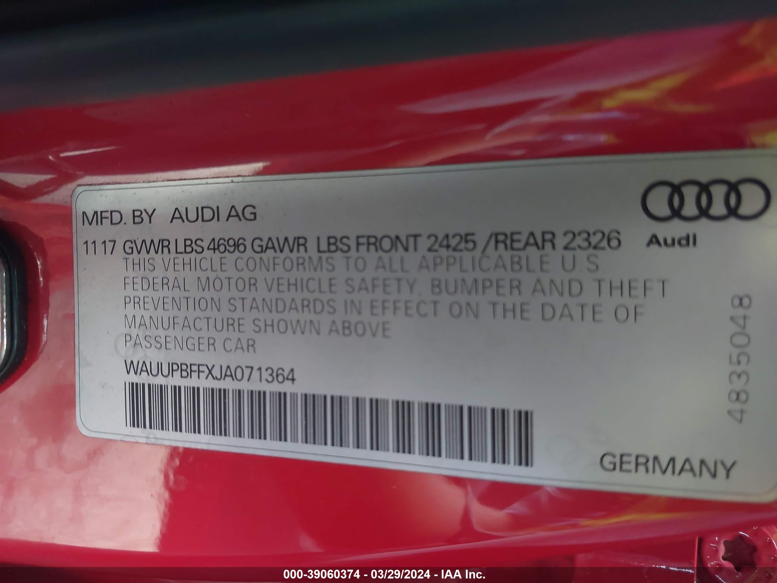 Photo 8 VIN: WAUUPBFFXJA071364 - AUDI A3 