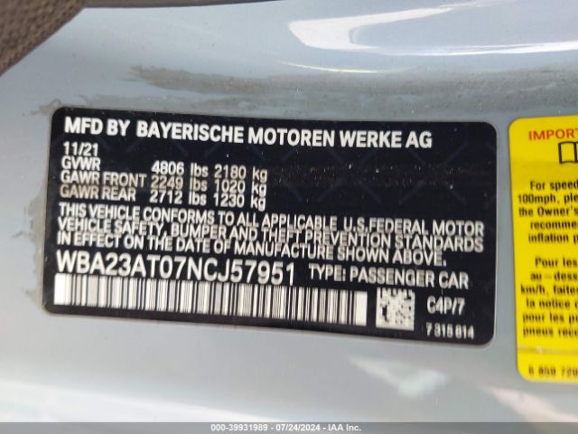 Photo 8 VIN: WBA23AT07NCJ57951 - BMW 430I 