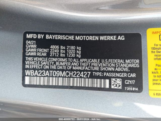 Photo 8 VIN: WBA23AT09MCH22427 - BMW 430I 