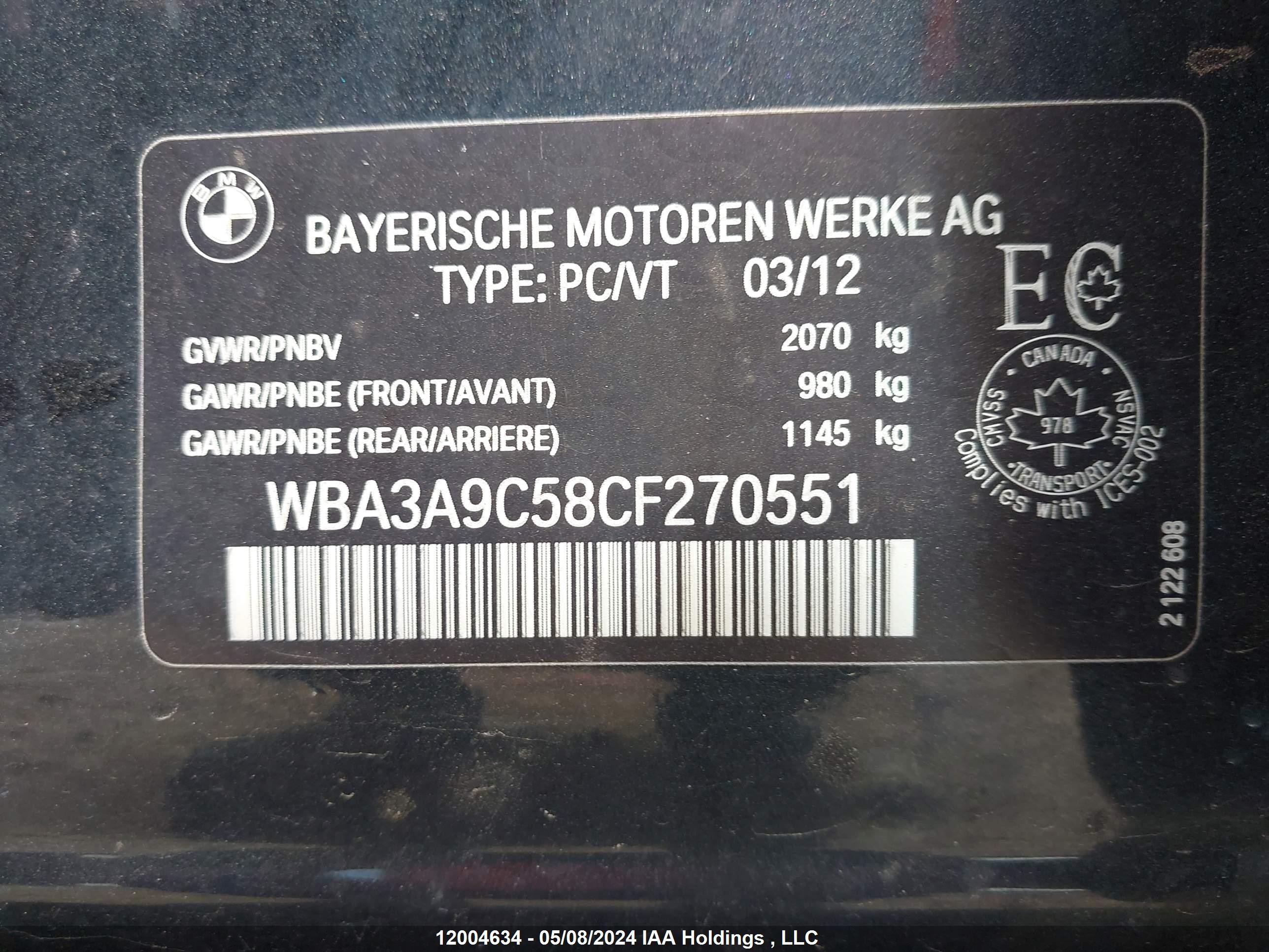 Photo 8 VIN: WBA3A9C58CF270551 - BMW 3ER 