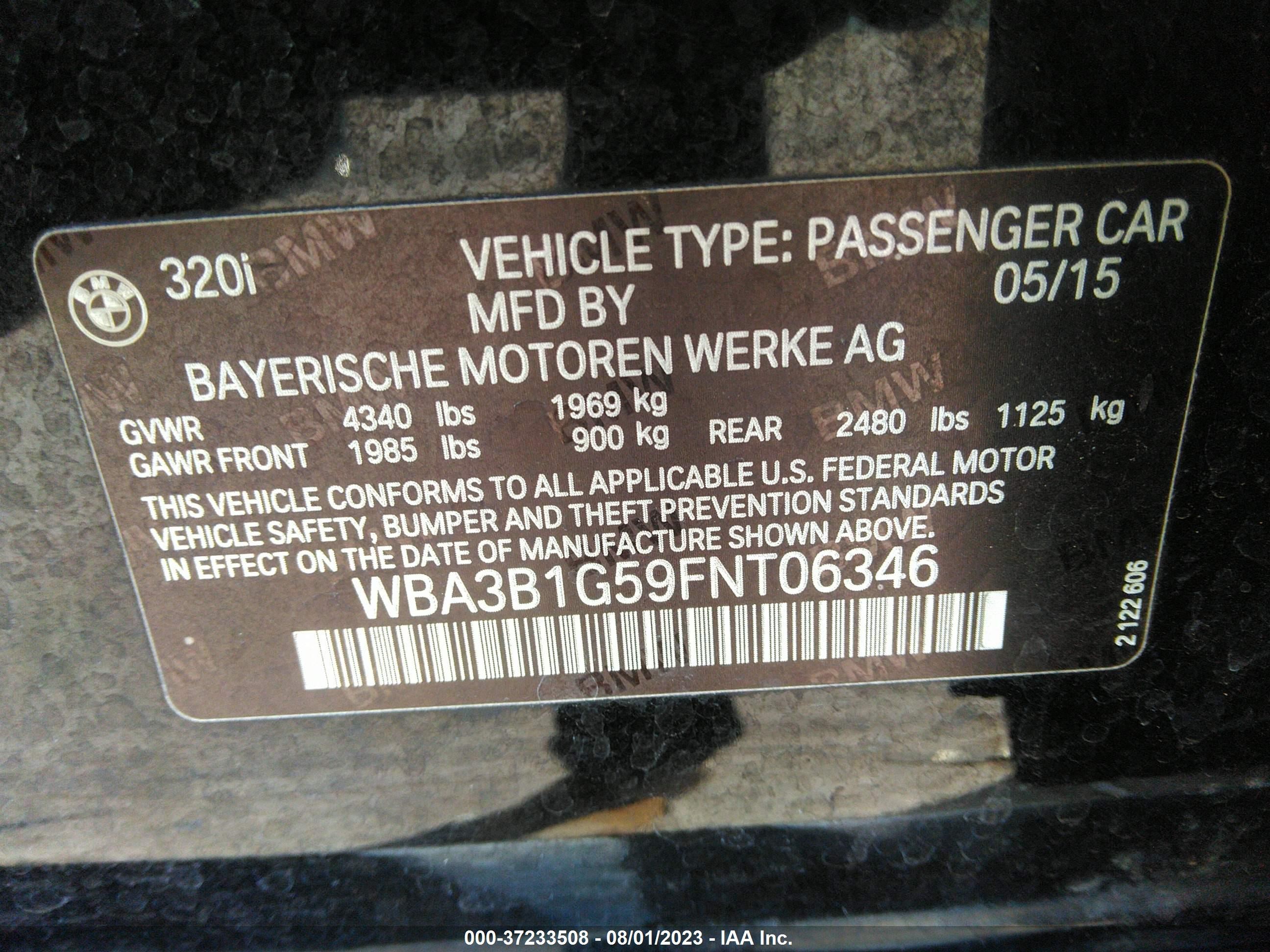 Photo 8 VIN: WBA3B1G59FNT06346 - BMW 3 SERIES 