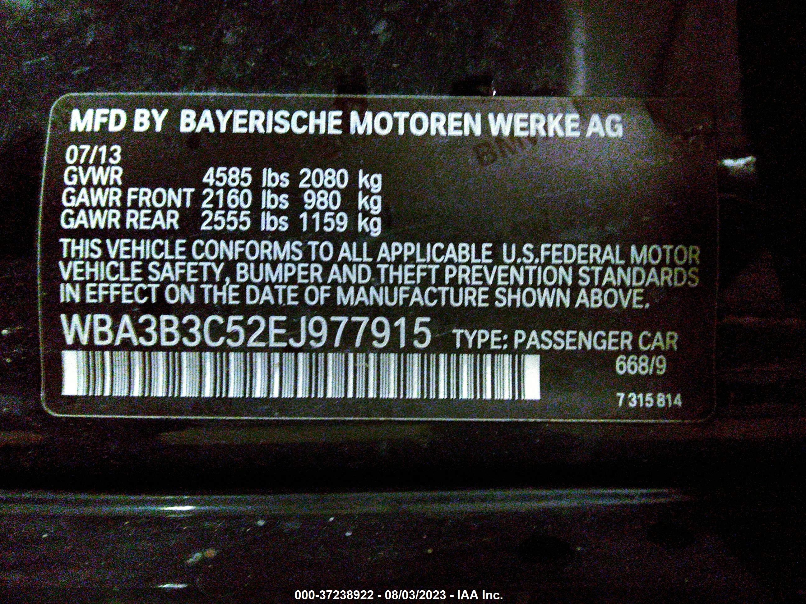 Photo 8 VIN: WBA3B3C52EJ977915 - BMW 3 SERIES 