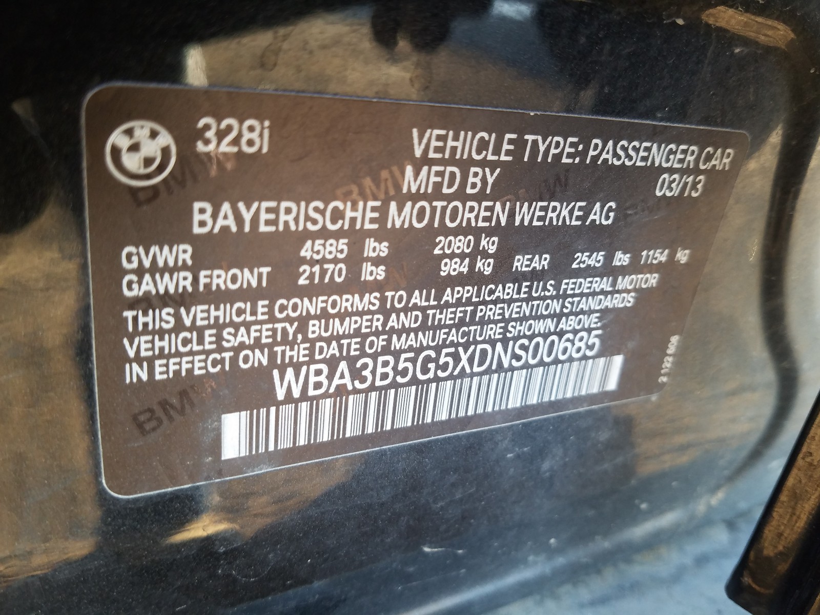 Photo 9 VIN: WBA3B5G5XDNS00685 - BMW 328 XI SUL 