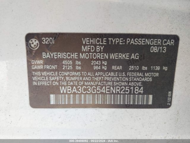 Photo 8 VIN: WBA3C3G54ENR25184 - BMW 320I 