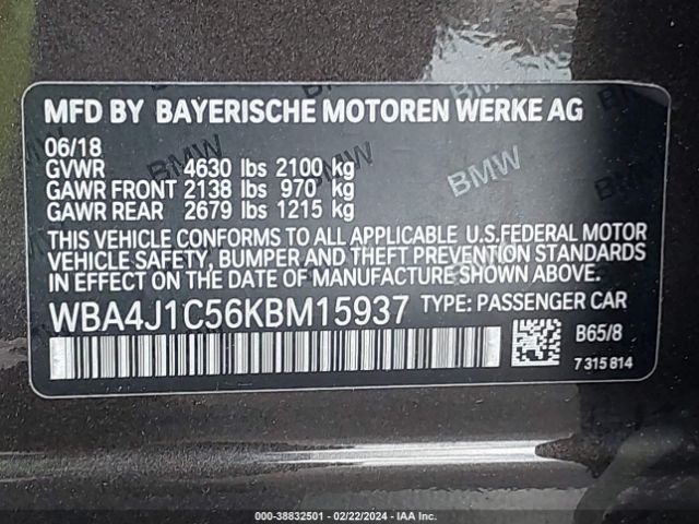 Photo 8 VIN: WBA4J1C56KBM15937 - BMW 430I GRAN COUPE 