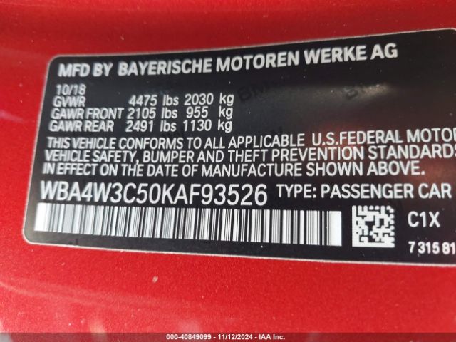 Photo 8 VIN: WBA4W3C50KAF93526 - BMW 430I 