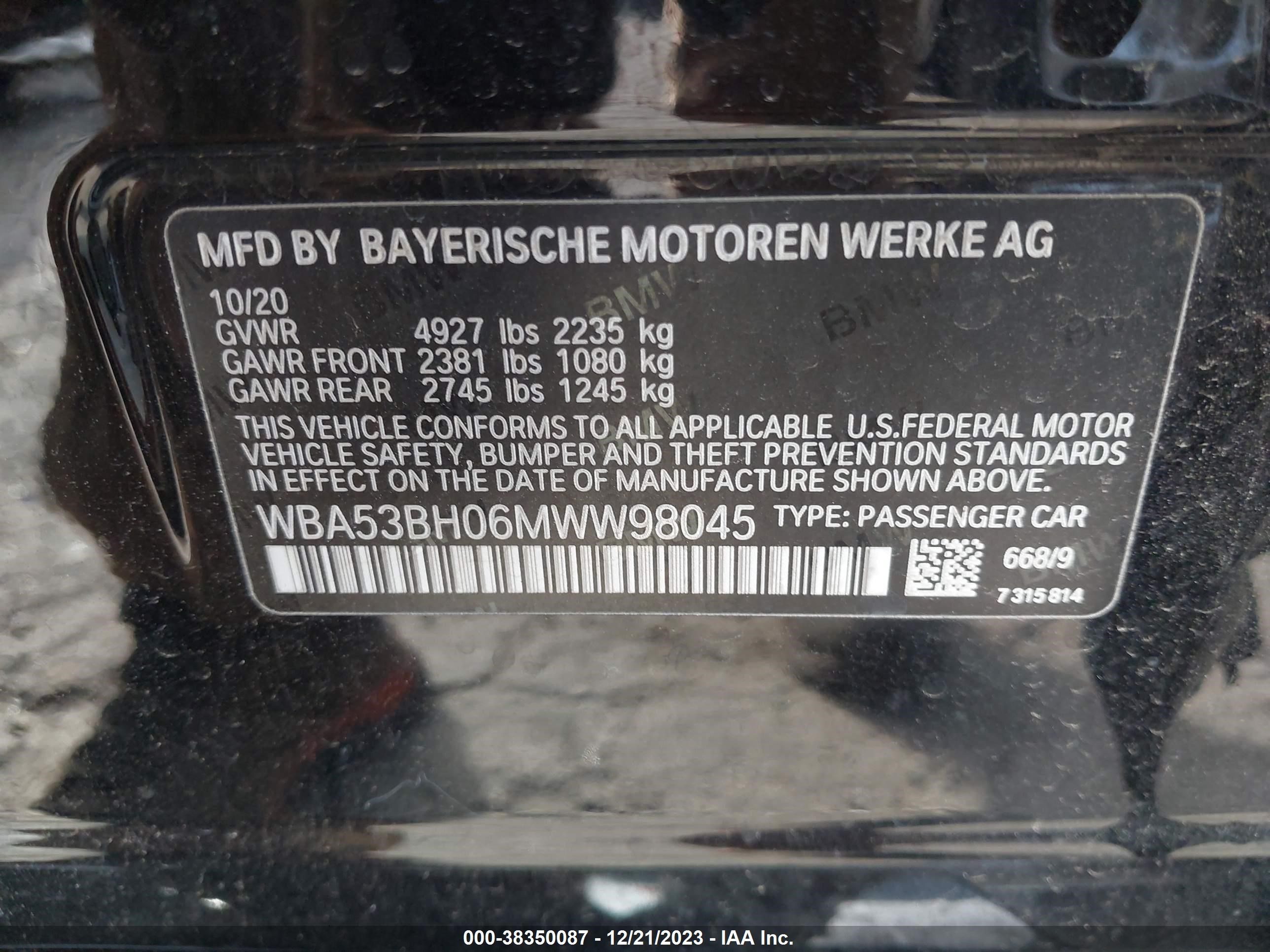 Photo 8 VIN: WBA53BH06MWW98045 - BMW 5ER 