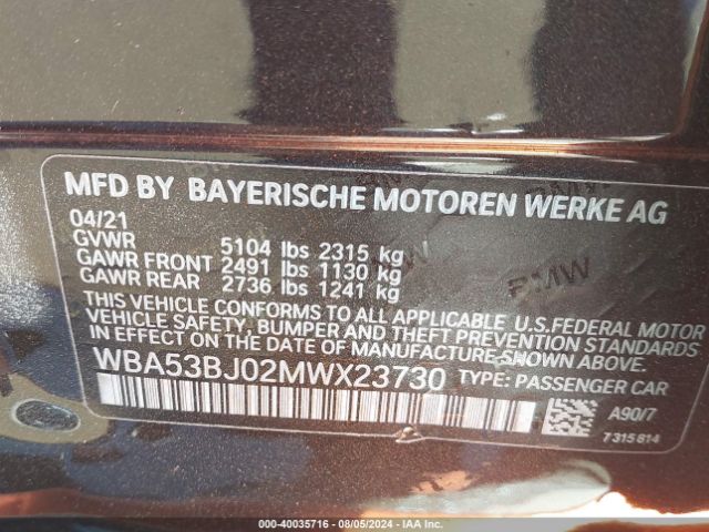 Photo 8 VIN: WBA53BJ02MWX23730 - BMW 540I 