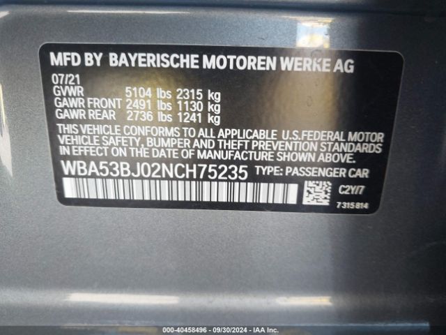 Photo 8 VIN: WBA53BJ02NCH75235 - BMW 540I 