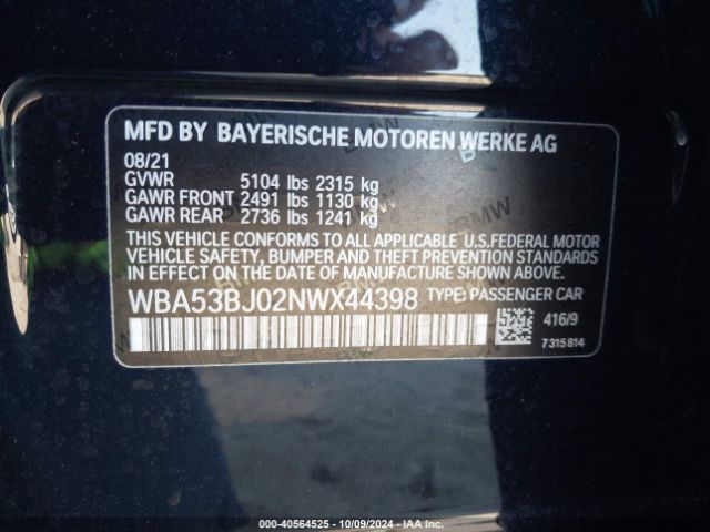 Photo 8 VIN: WBA53BJ02NWX44398 - BMW 540I 