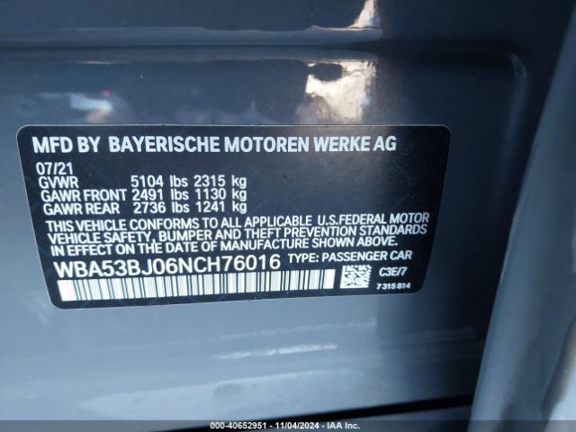 Photo 8 VIN: WBA53BJ06NCH76016 - BMW 540I 