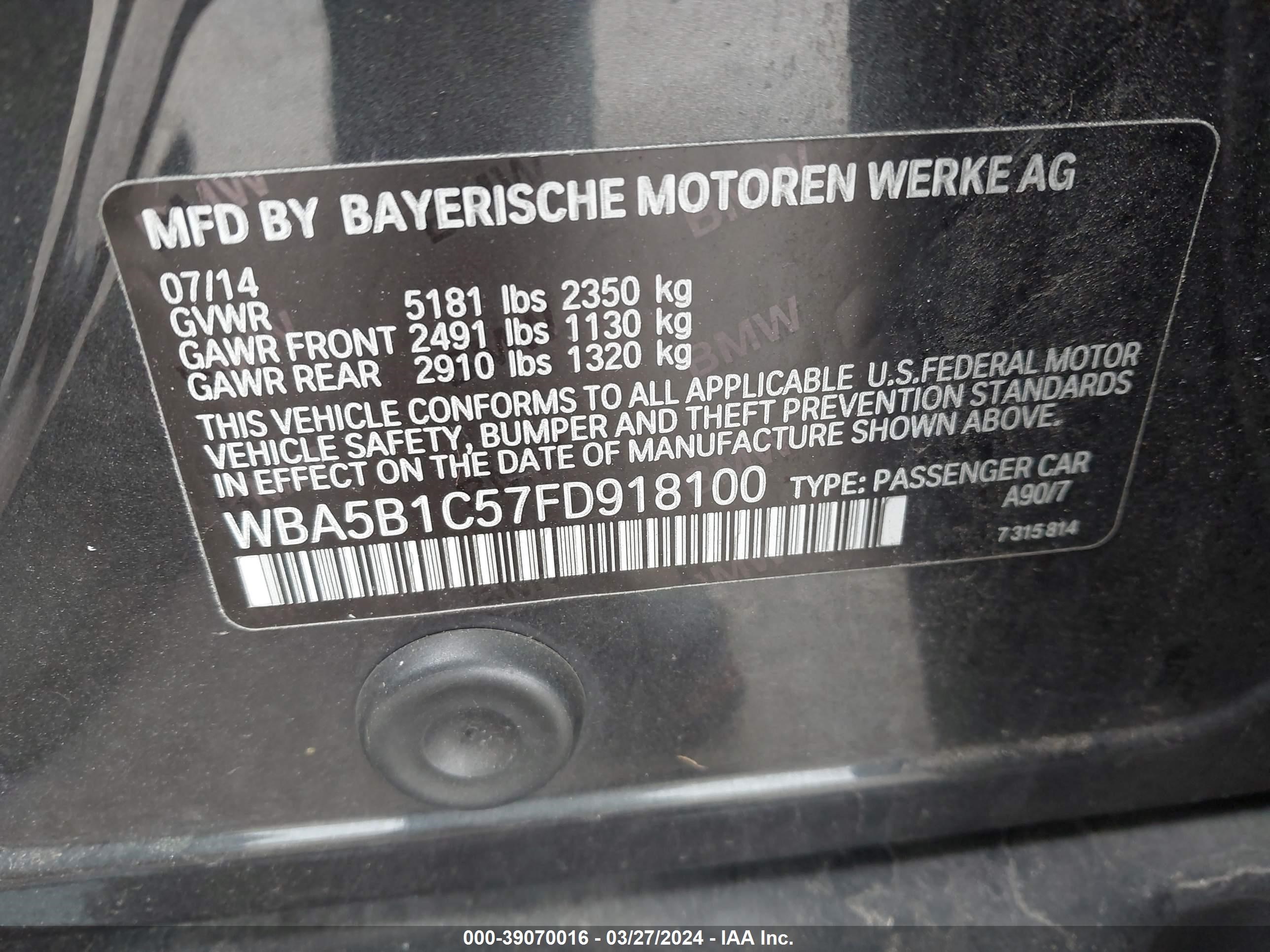 Photo 8 VIN: WBA5B1C57FD918100 - BMW 5ER 