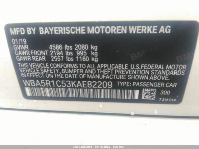 Photo 8 VIN: WBA5R1C53KAE82209 - BMW 3 SERIES 