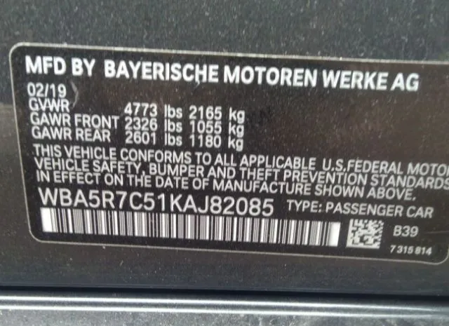 Photo 8 VIN: WBA5R7C51KAJ82085 - BMW 3 SERIES 