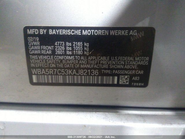 Photo 8 VIN: WBA5R7C53KAJ82136 - BMW 3 SERIES 