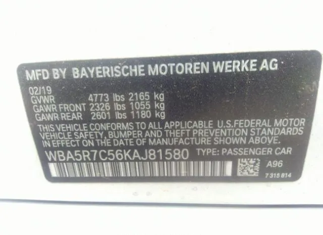 Photo 8 VIN: WBA5R7C56KAJ81580 - BMW 3 SERIES 