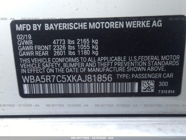 Photo 8 VIN: WBA5R7C5XKAJ81856 - BMW 3 