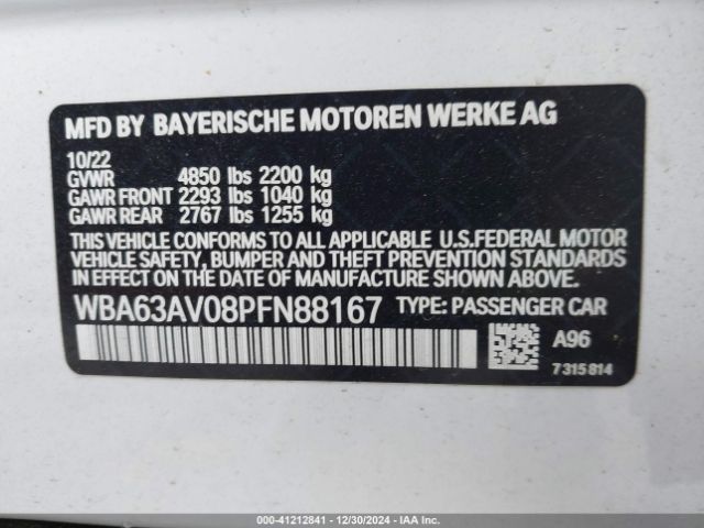 Photo 8 VIN: WBA63AV08PFN88167 - BMW 430I 