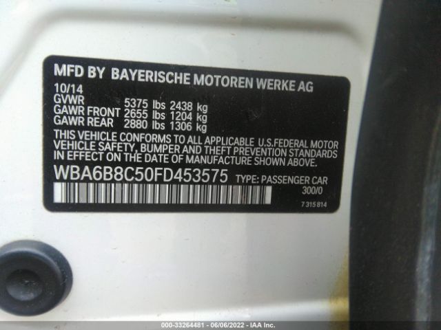 Photo 8 VIN: WBA6B8C50FD453575 - BMW 6 SERIES 