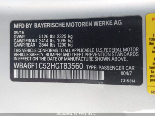 Photo 8 VIN: WBA6F1C52HGT83560 - BMW 640I 